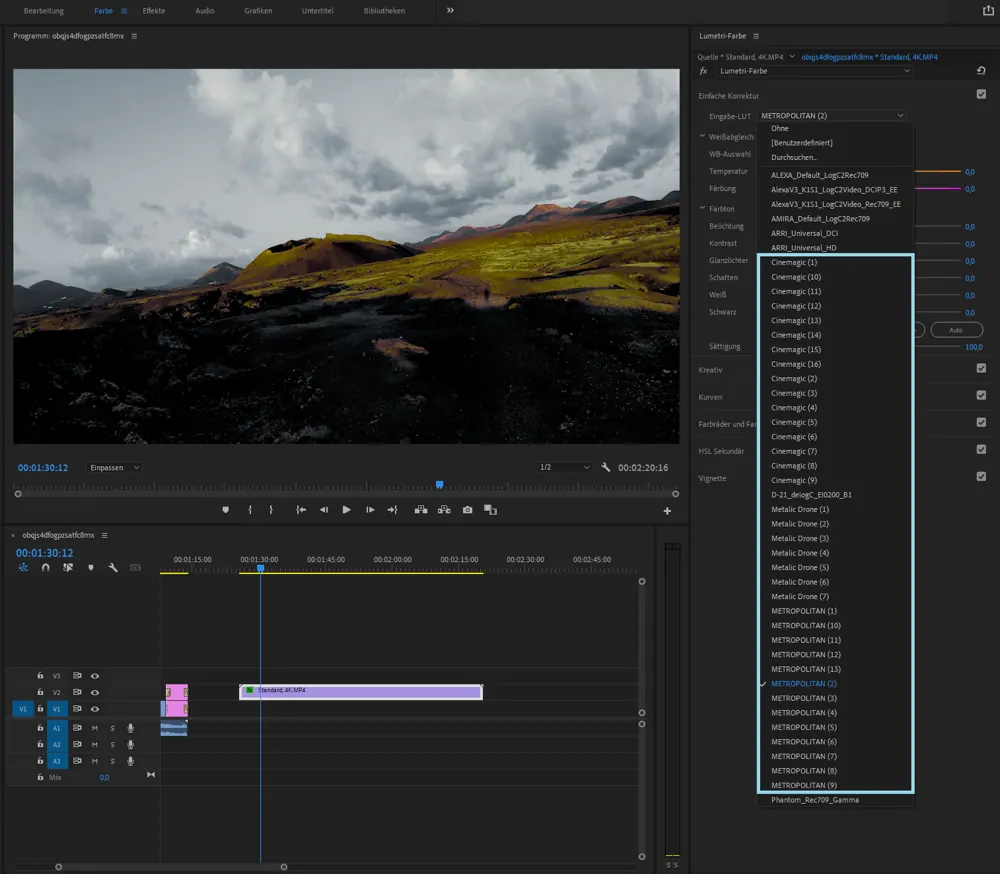 Drone LUTs listed in the Lumetri Color look menu in Adobe Premiere Pro