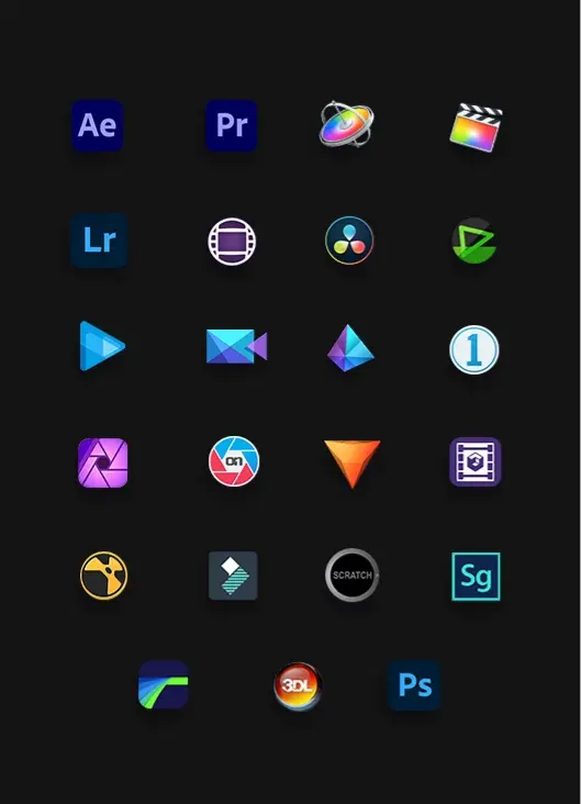 Logos of editing apps the LUTs work with: Premiere Pro, After Effects, DaVinci Resolve, Final Cut Pro, Photoshop and Lightroom